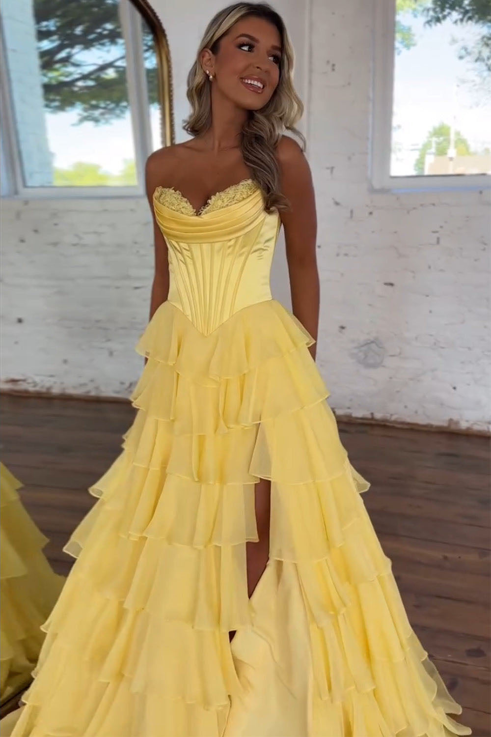 A Line Prom Dress Strapless Layered Slit Corset Formal Party Dress Ms25071441