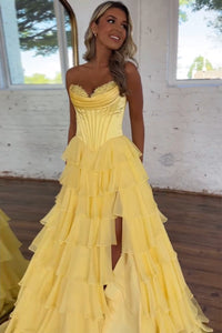 A Line Prom Dress Strapless Layered Slit Corset Formal Party Dress Ms25071441