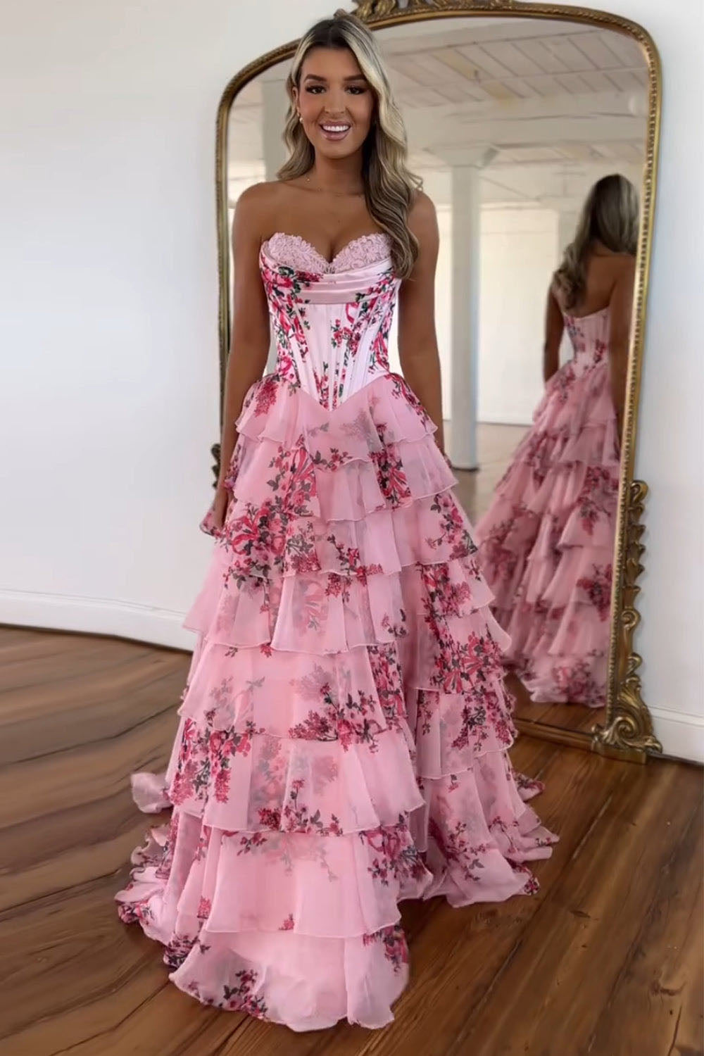 Blue Floral Tiered High Slit Party Gown Romantic Strapless Corset Prom Dress Ms2507112