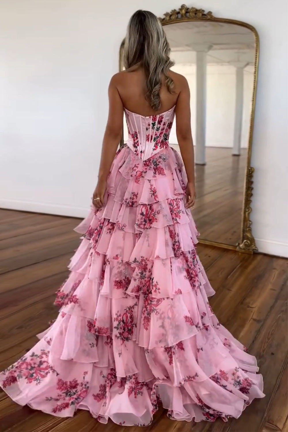Blue Floral Tiered High Slit Party Gown Romantic Strapless Corset Prom Dress Ms2507112
