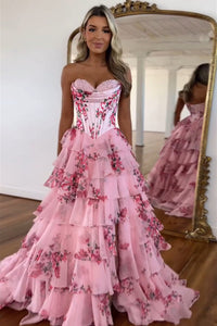 Blue Floral Tiered High Slit Party Gown Romantic Strapless Corset Prom Dress Ms2507112