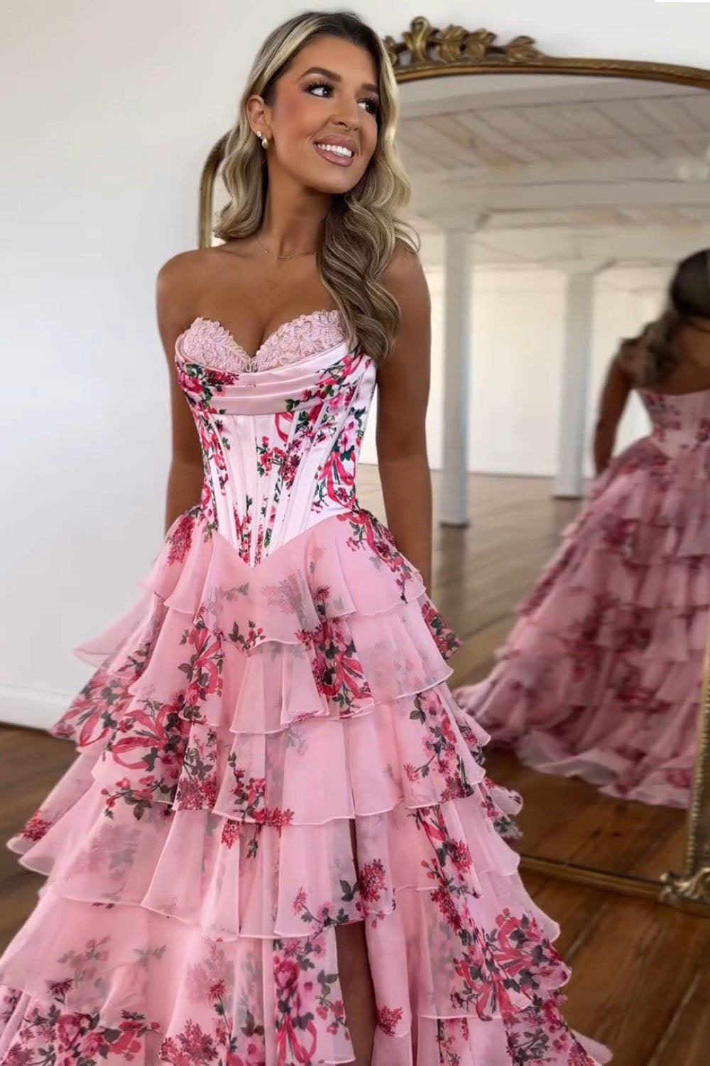 Blue Floral Tiered High Slit Party Gown Romantic Strapless Corset Prom Dress Ms2507112