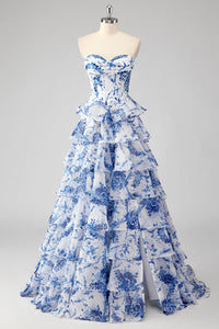 Blue Floral Tiered High Slit Party Gown Romantic Strapless Corset Prom Dress Ms2507112