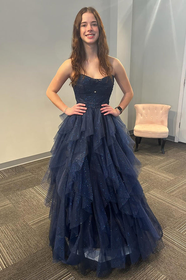Ballkleid mit tiefem Ausschnitt und Spaghettiträgern, A-Linie, Tüll, Abendkleid, langes formelles Kleid für Damen