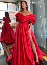 Red Off Shoulder Satin Evening Gown High Slit Formal Prom Dress Ms2512133
