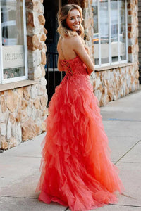 A Line Tulle Prom Dress Sweetheart Lace Appliques Corset Layered Ruffle Evening Gown Ms2606124