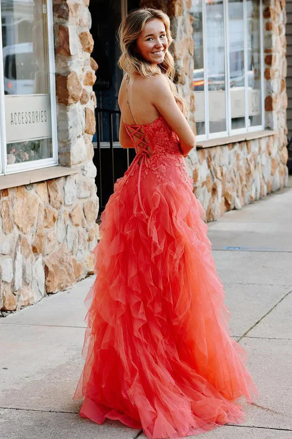 A Line Tulle Prom Dress Sweetheart Lace Appliques Corset Layered Ruffle Evening Gown Ms2606124