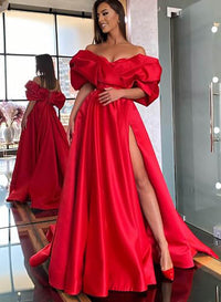 Red Off Shoulder Satin Evening Gown High Slit Formal Prom Dress Ms2512133
