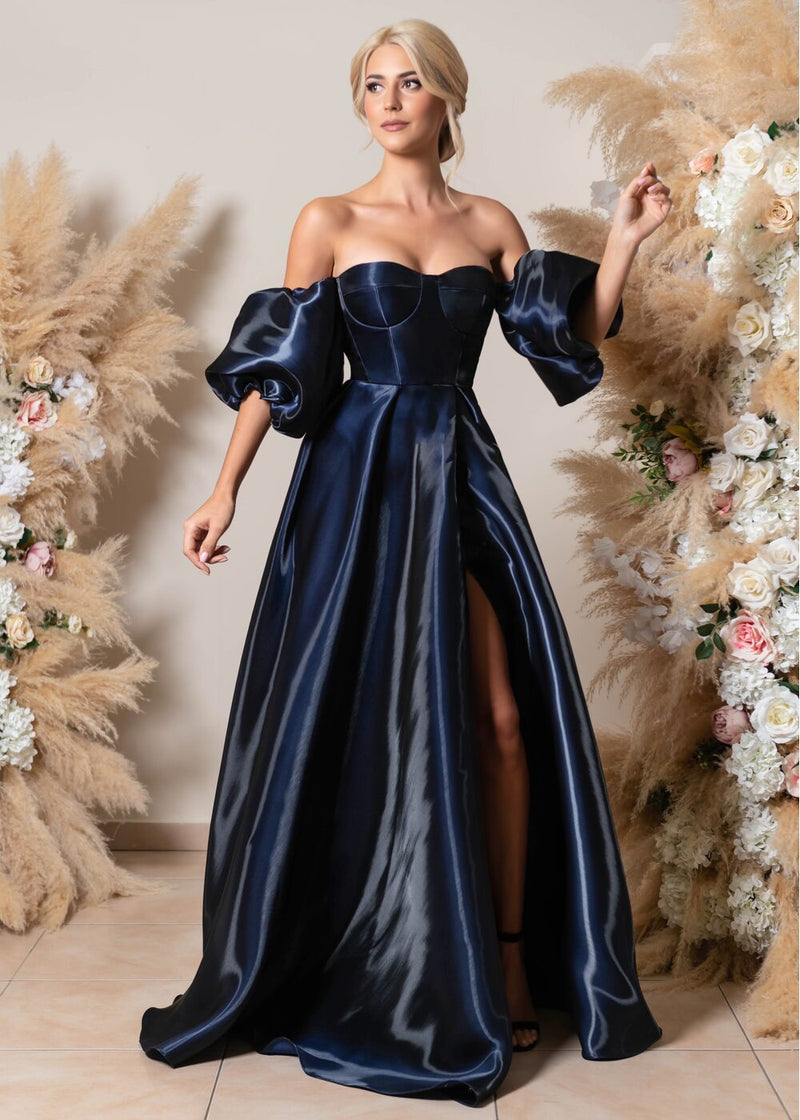 Shiny Satin Evening Dress Puff Sleeves Sexy High Slit Prom Dress Ms2512233