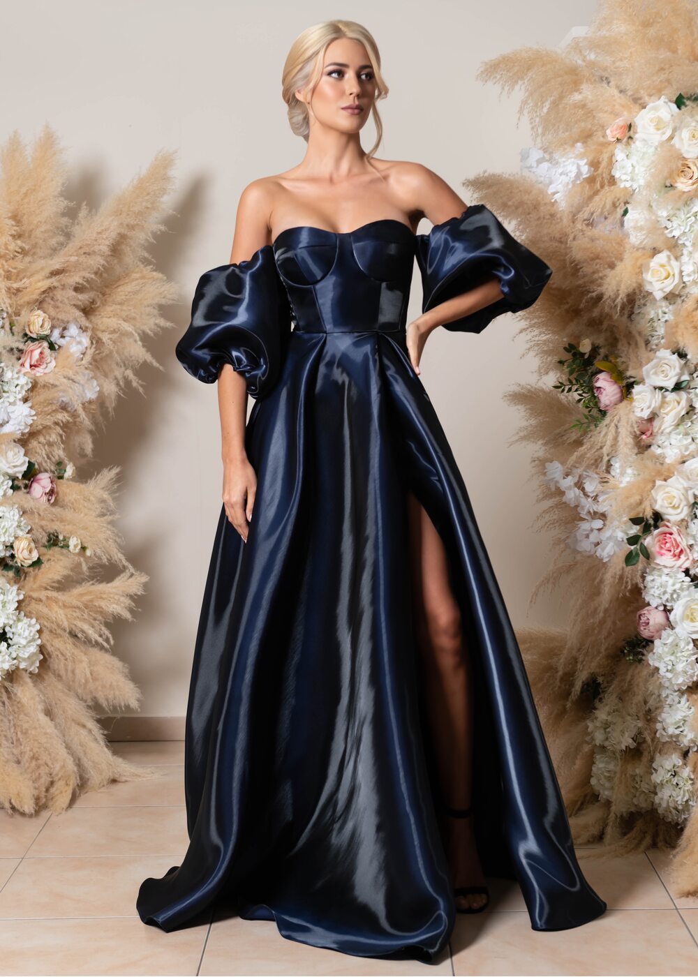 Shiny Satin Evening Dress Puff Sleeves Sexy High Slit Prom Dress Ms2512233