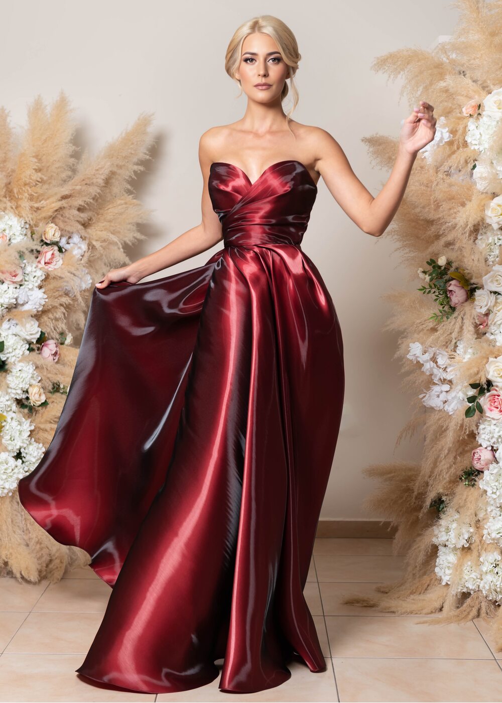 Burgundy Shiny Satin Prom Dress Sweethear Formal Party Dress Ms2512232   Msikoods Official Store