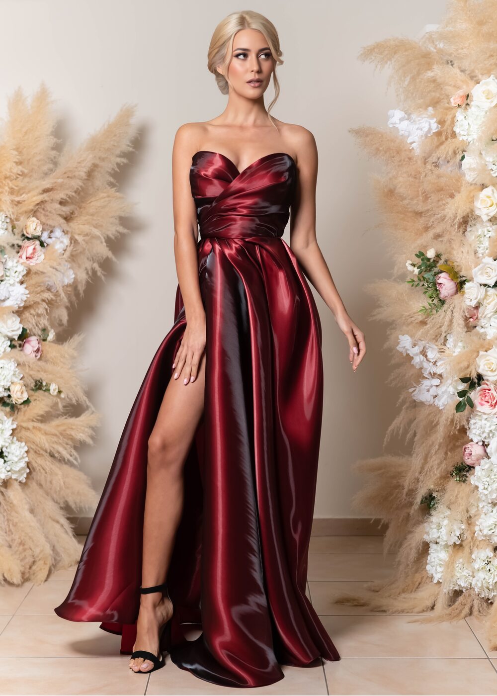 Burgundy Shiny Satin Prom Dress Sweethear Formal Party Dress Ms2512232
