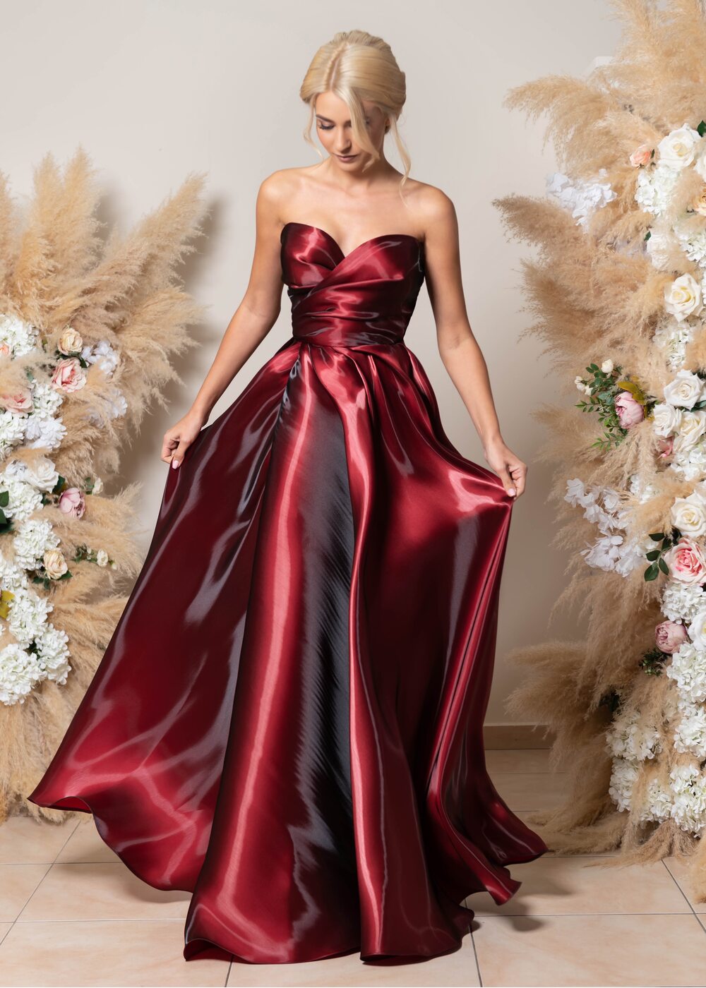 Burgundy Shiny Satin Prom Dress Sweethear Formal Party Dress Ms2512232