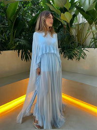 Sky Blue Prom Dress Ruffle Evening Illusion Long Sleeve Chiffon Party Dress Ms2505121