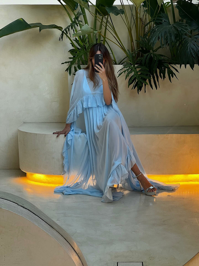 Sky Blue Prom Dress Ruffle Evening Illusion Long Sleeve Chiffon Party Dress Ms2505121