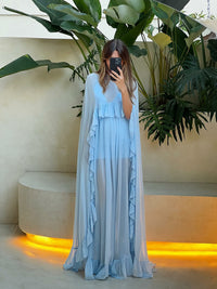 Sky Blue Prom Dress Ruffle Evening Illusion Long Sleeve Chiffon Party Dress Ms2505121