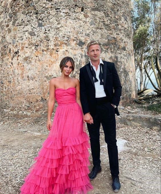 Strapless Ruffle Prom Dress Romantic Layered Tulle Evening Gown for Formal Party Ms2506095