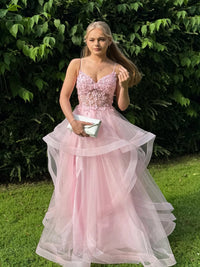 Pink Prom Dress Spaghetti Straps Applique Corset A Line Tulle Glitter Evening Dress Ms2607162