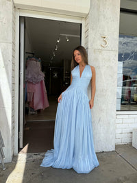 Sexy Deep V Halter Long Prom Dress Ruched Waist Flowing Formal Evening Gown Ms26041441