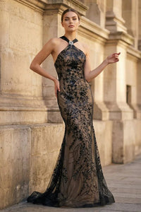 Sequin Lace Appliques Mermaid Evening Dress Halter Prom Dress with Cape Ms2602265