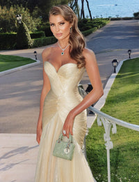 Champange Sweetheart Pleated Mermaid Formal Evening Gowns Shiny Satin Ruched Prom Dress Ms2607216