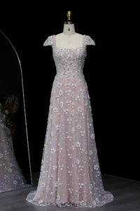 Robe de soirée longue en tulle à bretelles spaghetti et décolleté plongeant pour femme