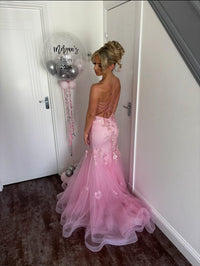 Pink Mermaid Prom Dress Spaghetti Strap Flower Lace Applique Corset Backless Evening Gown Ms2607184