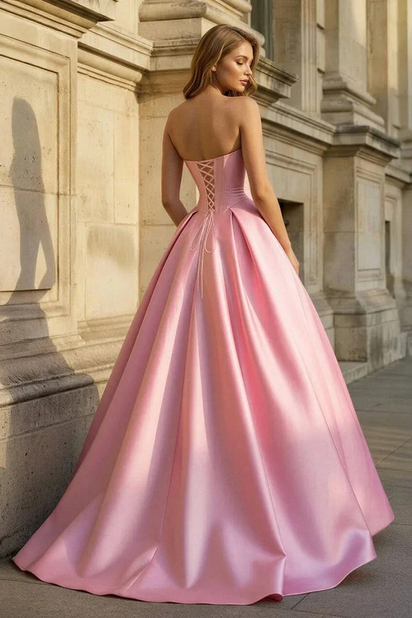 Pink Satin Prom Dress Strapless Corset Evening Gown Formal Party Dress Ms26031081