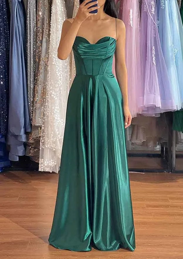 Sexy Satin Prom Dress Spaghetti Strap A Line Corset High Slit Evening Dress Ms2603263