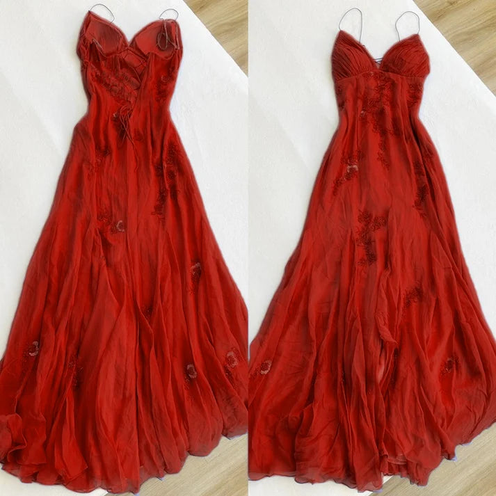 Sequin Beads Chiffon Formal Gown Spaghetti Strap Flowing Slit Prom Dress Ms2506112