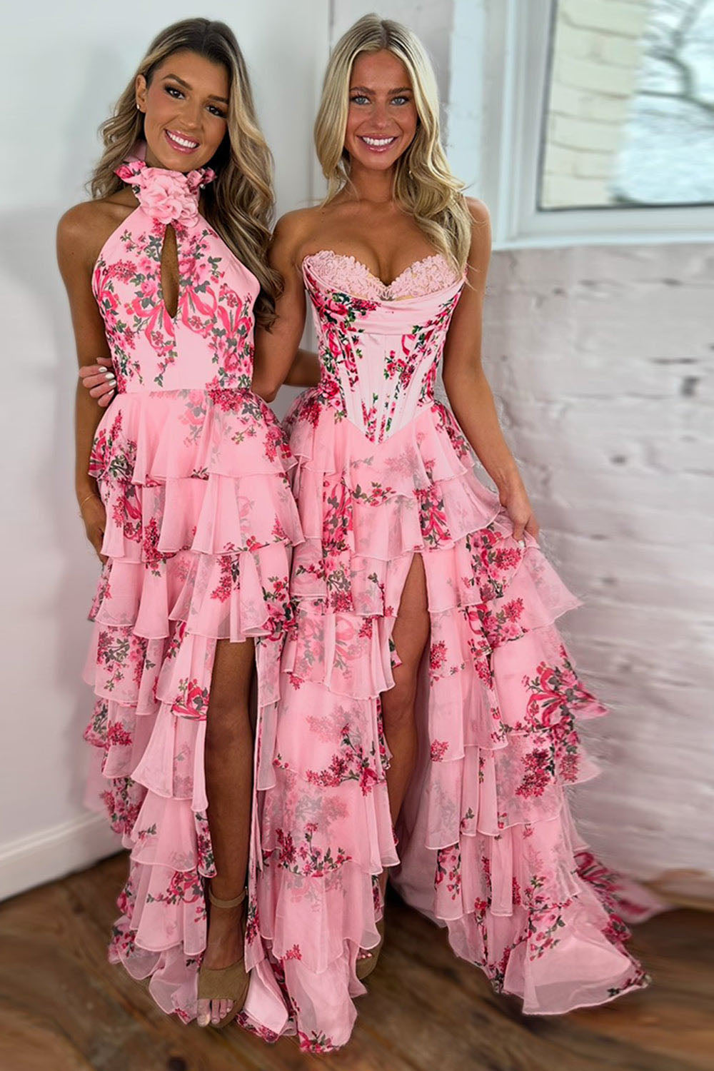 Blue Floral Tiered High Slit Party Gown Romantic Strapless Corset Prom Dress Ms2507112