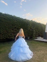 Sky Blue Prom Dress Sweetheart Corset Tiered Organza Ball Gown Princess Formal Dress Ms2607161