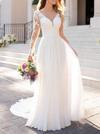 V Neck Long Sleeve Lace Wedding Dress Open Back Illusion Bridal Gown Ms2505242