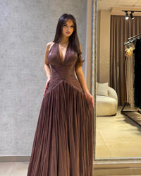 Brown Shiny V Neck Pleated Halter Evening Dress A Line Prom Dress Ms2604172