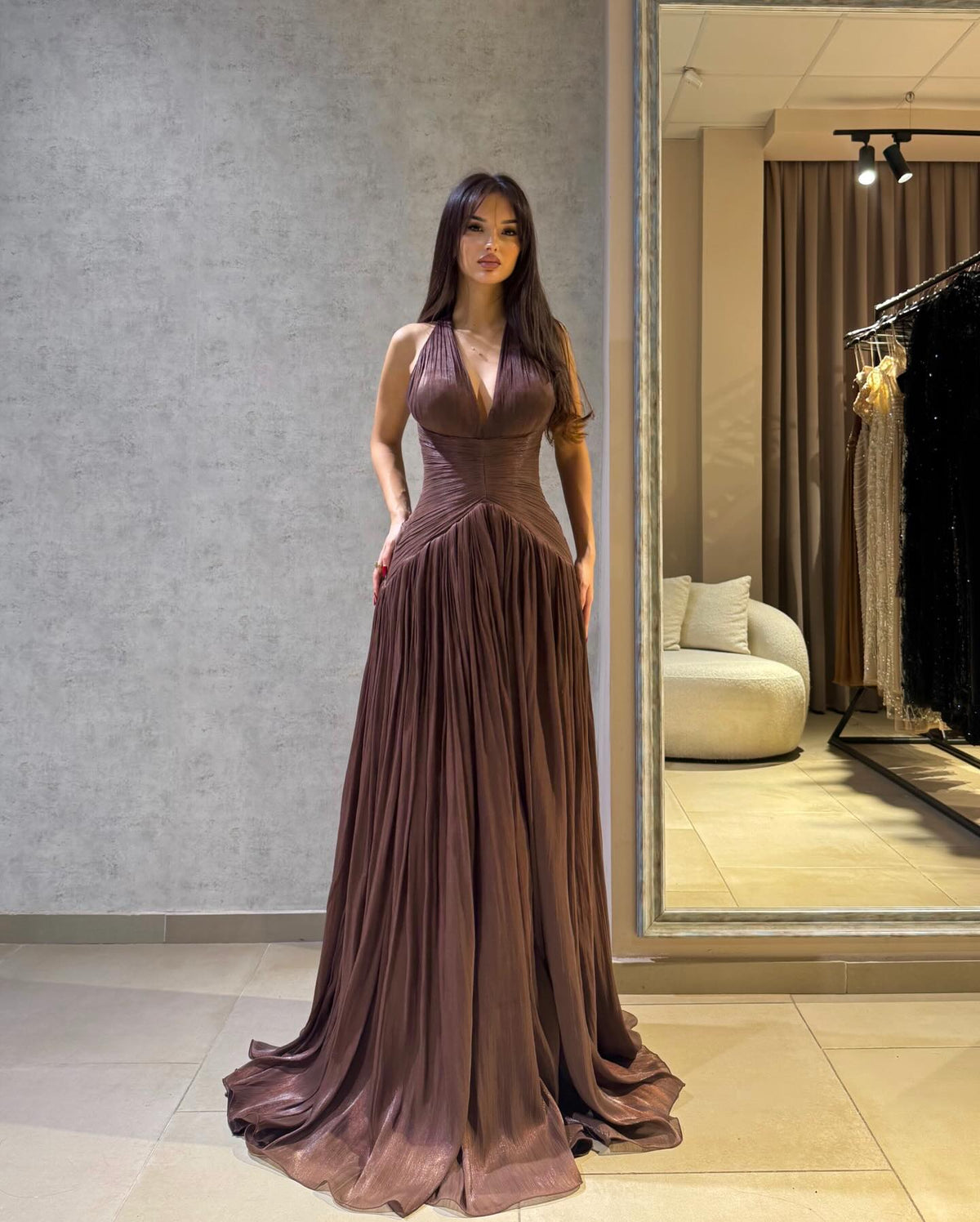 Brown Shiny V Neck Pleated Halter Evening Dress A Line Prom Dress Ms2604172