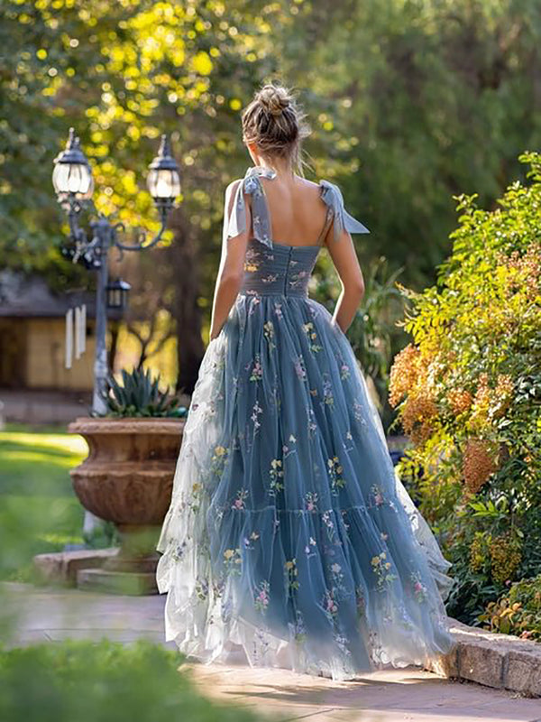 Tulle Prom Dress Embroidered A-Line Party Gown Bow Straps Garden Evening Dress Ms2606226