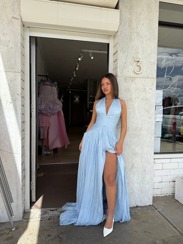 Deep V Neck Pleated Evening Dress High Slit Lace Up Prom Dress Ms2604273