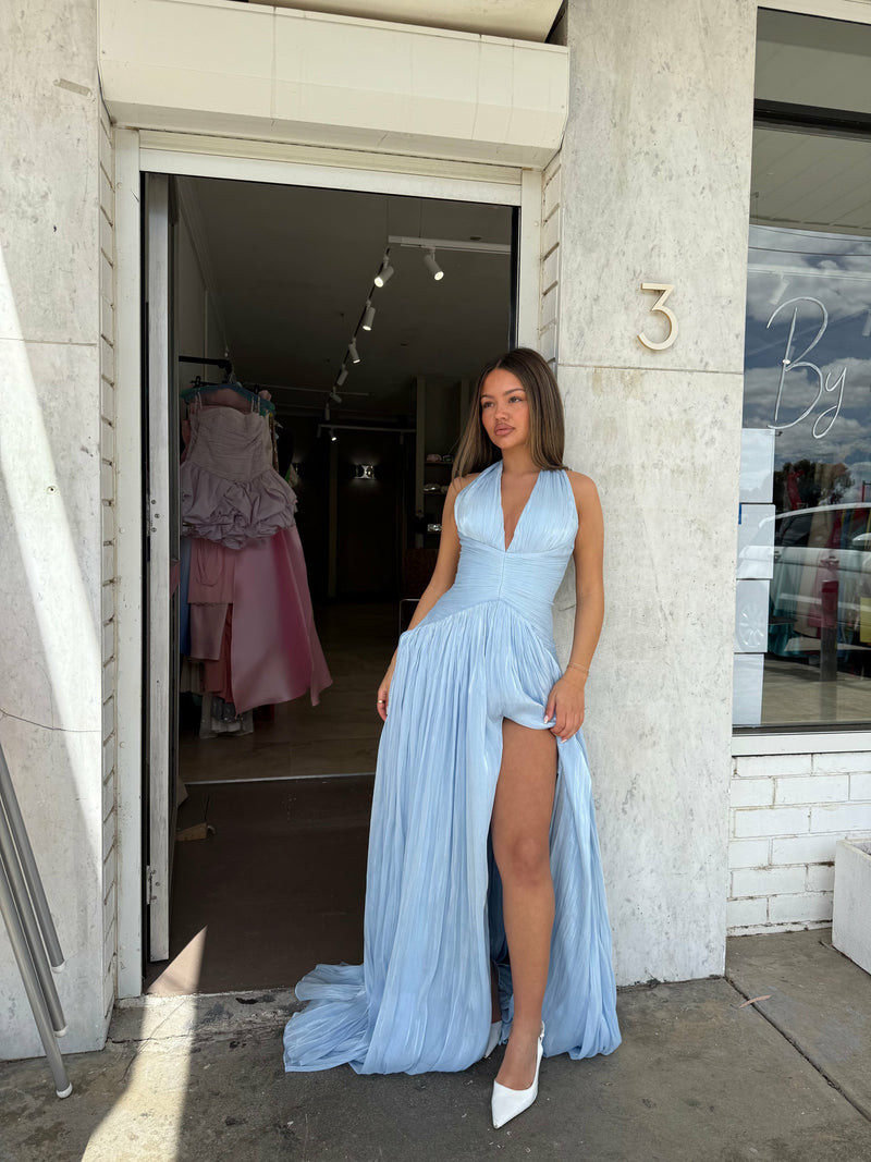 Sexy Deep V Halter Long Prom Dress Ruched Waist Flowing Formal Evening Gown Ms26041441