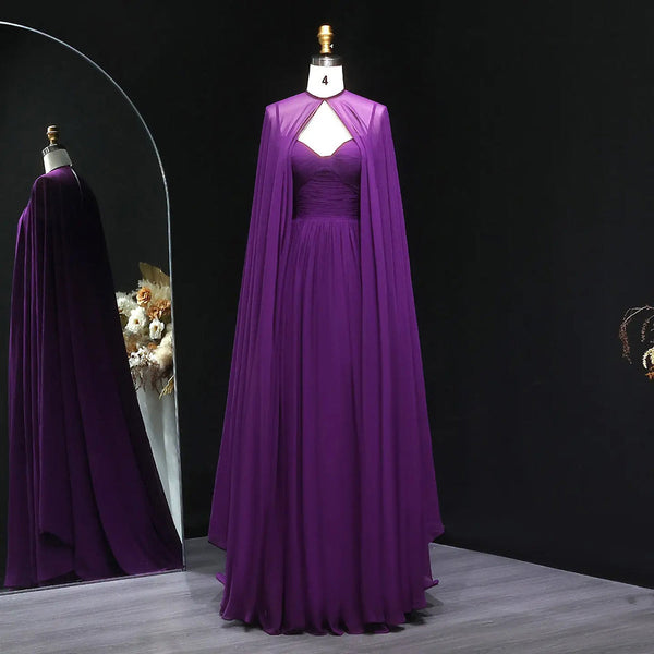 Purple Chiffon Cape Evening Dress Sweetheart Pleated A Line Prom Dress with Cape Ms2607201