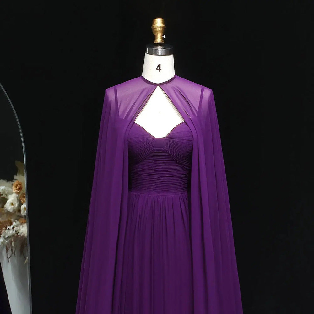 Purple Chiffon Cape Evening Dress Sweetheart Pleated A Line Prom Dress with Cape Ms2607201