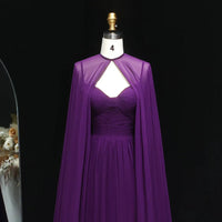 Purple Chiffon Cape Evening Dress Sweetheart Pleated A Line Prom Dress with Cape Ms2607201