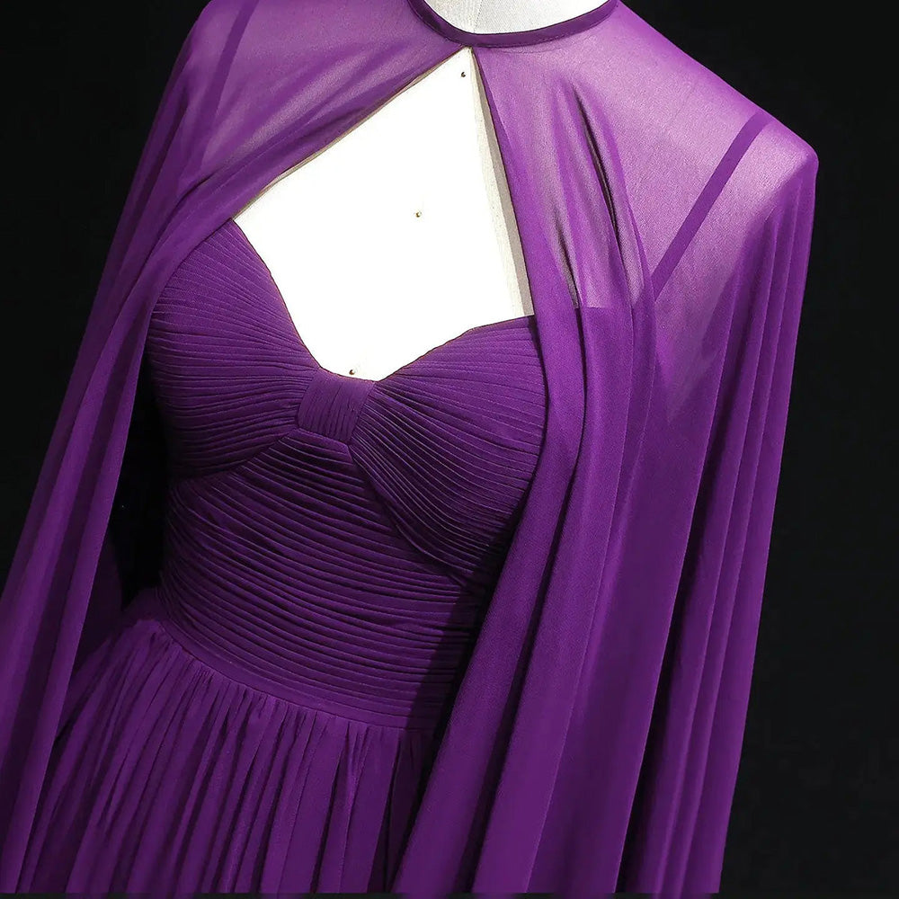 Purple Chiffon Cape Evening Dress Sweetheart Pleated A Line Prom Dress with Cape Ms2607201