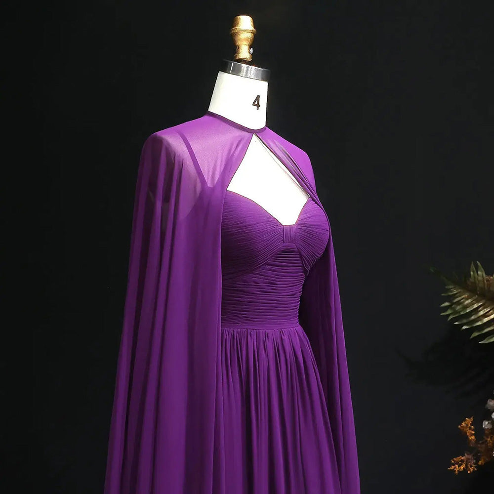 Purple Chiffon Cape Evening Dress Sweetheart Pleated A Line Prom Dress with Cape Ms2607201