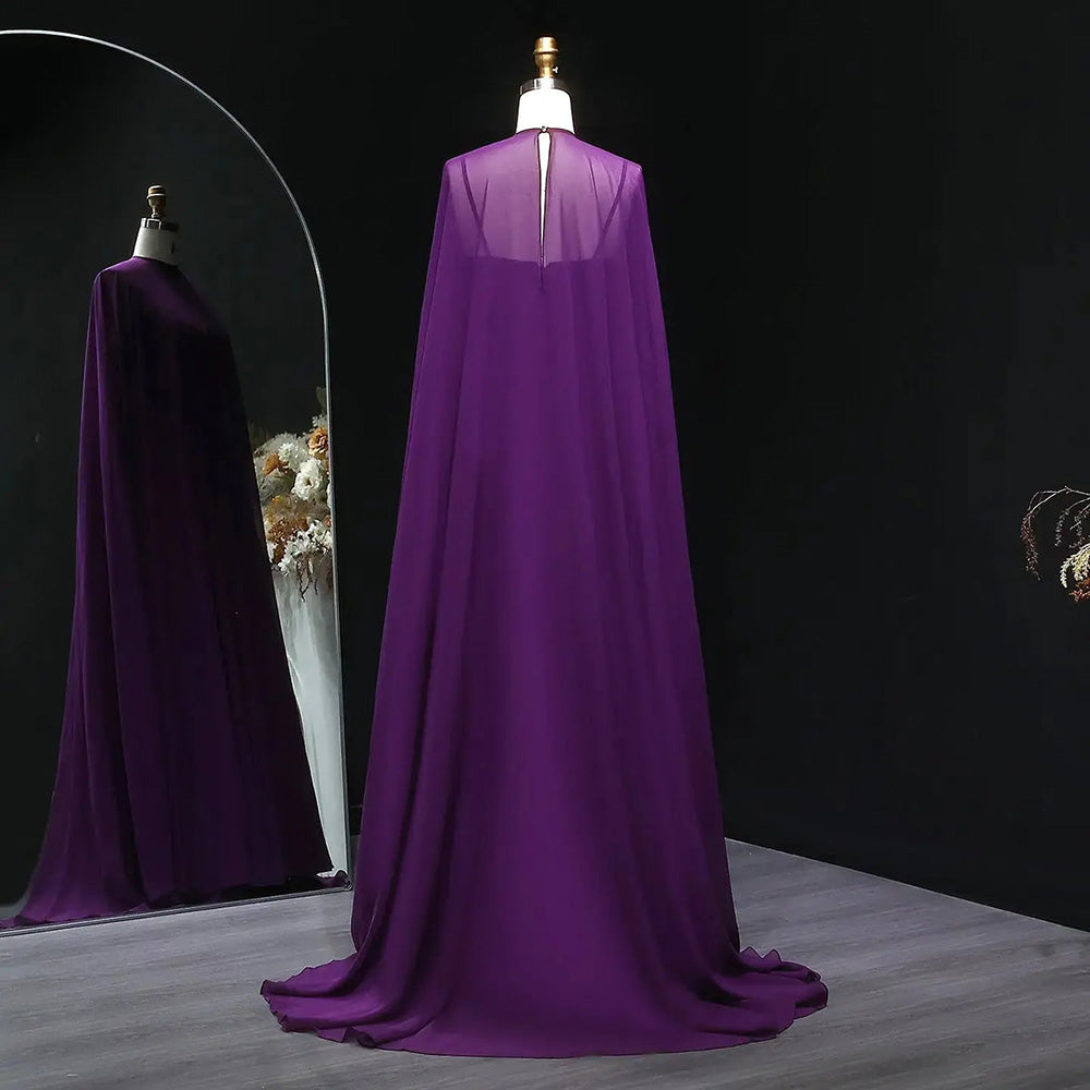 Purple Chiffon Cape Evening Dress Sweetheart Pleated A Line Prom Dress with Cape Ms2607201
