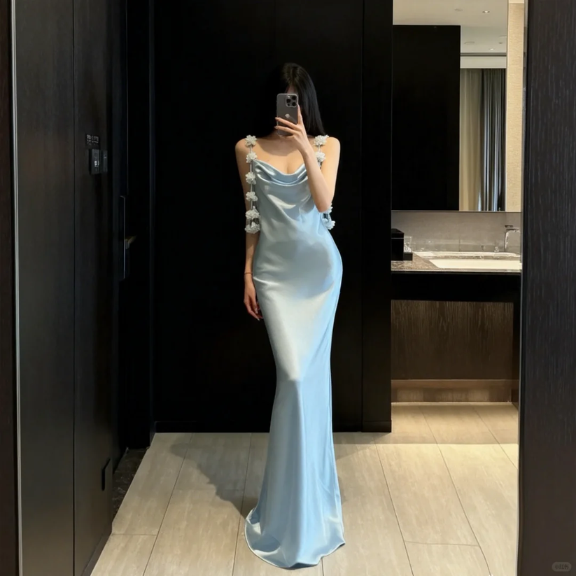 Satin Mermaid Evening Dress Cowl Neck Floral Strap Formal Evening Gown Backless Party Dress Ms2607211