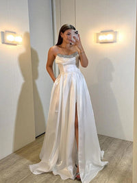 Shiny Satin Beaded Corset Formal Evening Gown High Slit A Line Prom Dress Ms2512231