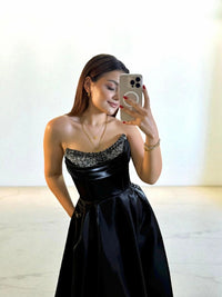 Shiny Satin Beaded Corset Formal Evening Gown High Slit A Line Prom Dress Ms2512231