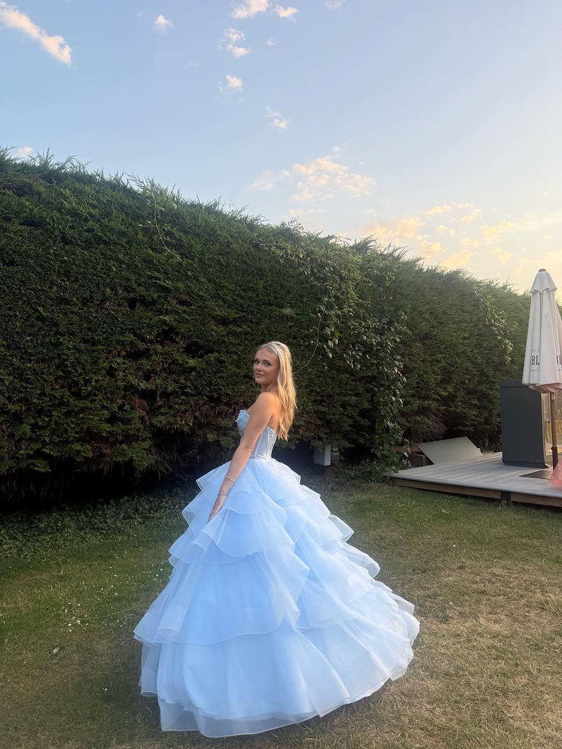 Sky Blue Prom Dress Sweetheart Corset Tiered Organza Ball Gown Princess Formal Dress Ms2607161
