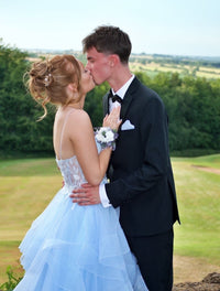Spaghetti Strap Prom Dress Lace Applique Backless Layered Glitter Tulle Formal Evening Dress Ms2607183