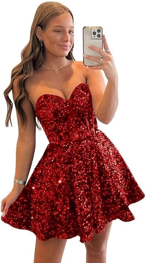 Sweetheart Mini Cocktail Dresses Sexy Short Homocoming Dresses Sequins Shiny Prom Dress